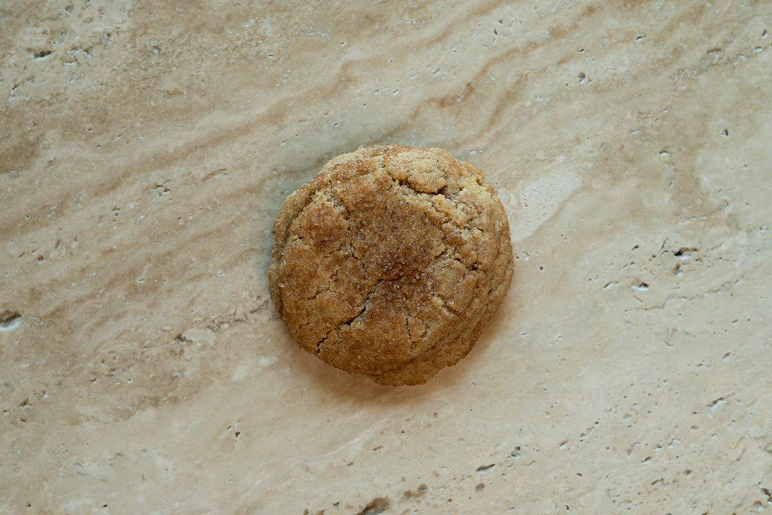 Round brown object on a beige stone surface